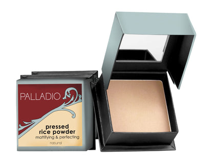 Palladio, Pressed Rice Powder with Mirror Mattifying Makeup Setting that Lasts All Day Instantly Absorbs Oil Works alone or with makeup, Translucent, 0.26 Ounce