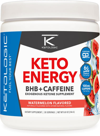 Ketologic KetoEnergy BHB (Watermelon) 30 Servings - BHB + Caffeine Exogenous Ketone Supplement