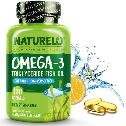 NATURELO Burpless Omega 3 Fish Oil Supplement - 1100mg Triglyceride Omega-3, EPA + DHA, Liquid Fish Oil Omega 3 for Heart, Eye, Brain, Joint Health - 120 Softgels, 4 Months Supply