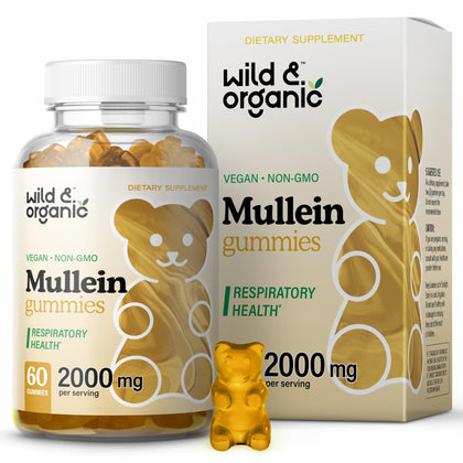 Wild & Organic Mullein Gummies - Daily Dietary Supplement for Respiratory, Digestive Support & Immune Booster - Vegan, Non-GMO Verbascum Thapsus Herbal Extract - 2000mg, 60 Chews