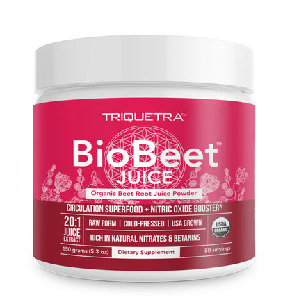 BioBeet® Max Strength Beet Root Juice Powder - 20:1 Concentrate, Each Serving Derived from 60,000 mg Organic Beetroot - Cold-Pressed, USA Grown - Nitric Oxide, Circulation Support - 50 Servings