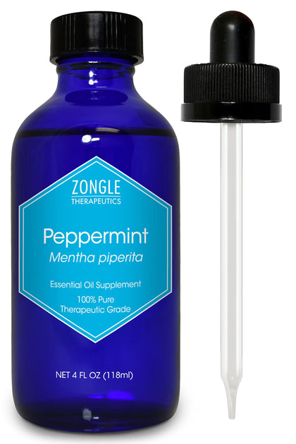 Pure Peppermint Oil by Zongle - 100% Pure Natural, Therapeutic & Food Grade for Baking, Hair, Diffuser, Skin, Edible, Beard, Cooking, Candy, Ingestion, Stomach, Digestion, Teeth, Oral Use- 4 OZ