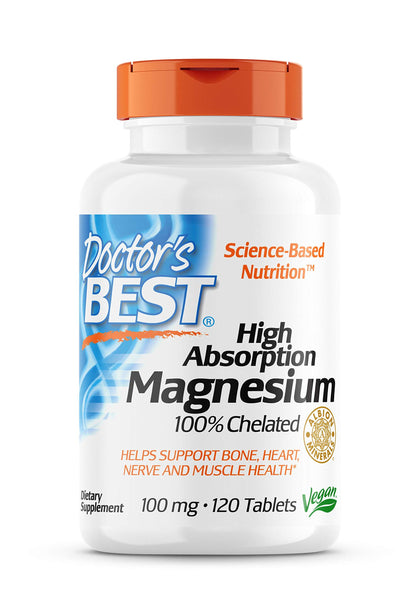 Doctor's Best High Absorption Magnesium Glycinate Lysinate, 100% Chelated, TRACCS, Not Buffered, Non-GMO, Vegan, Gluten & Soy Free, 100 mg, 120 Tablets (Packaging May Vary)