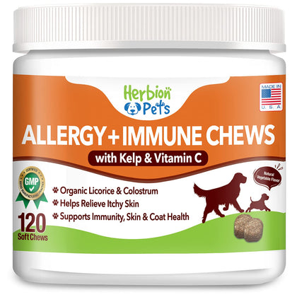 Herbion Pets Allergy + Immune Chews with Kelp & Vitamin C, 120 Soft Chews - Supports Immunity, Skin and Coat Health - Relieves Itchy Skin - Made in USA - Natural Vegetable Flavor - for Dogs 12 Weeks+