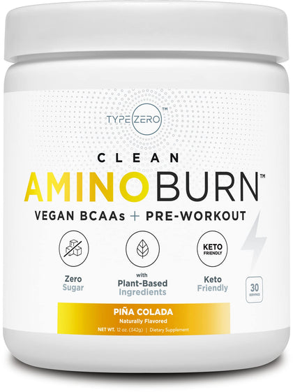 Type Zero AminoBurn - Natural Pre Workout + Vegan BCAA (Piña-Colada | 30serv) Sugar Free BCAAs Amino Acids Supplement, Energy, Recovery Drink