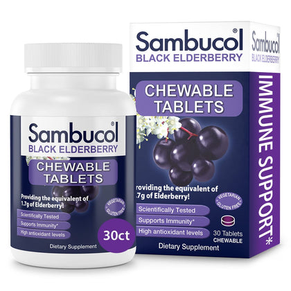 Sambucol Black Elderberry Chewable Tablets - Added Vitamin C, Chewable Elderberry Kids & Adults Tablets, Supports Immunity, Black Elderberry Tablets, Chewable Elderberry, Gluten Free, Vegan - 30 Count