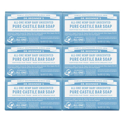 Dr. Bronner's - Pure-Castile Bar Soap (Baby Unscented, 5 oz, 6-Pack) -Made with Organic Oils, For Face, Body & Hair, Gentle for Sensitive Skin & Babies, No Added Fragrance,Biodegradable,Vegan,Non-GMO