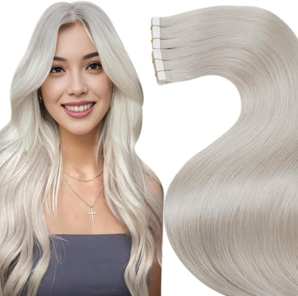 LaaVoo Blonde Hair Extensions Tape in Human Hair Tape in Extensions #60 Platinum Blonde Tape in Hair Extensions White Blonde Short Hair Extensions Real Human Hair Tape ins 10 Inch 20pcs/30g