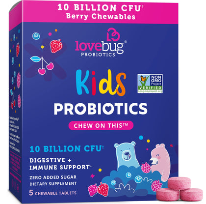 lovebug PROBIOTICS for Kids | Multi-Strain 10 Billion CFU | Constipation & Stomach Discomfort | Sugar Free | Ages 4+ | Natural Berry Flavor | 5 Chewables