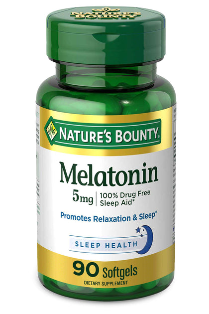 Nature's Bounty Melatonin, 100% Drug Free Sleep Aid, Dietary Supplement, Promotes Relaxation and Sleep Health, 5mg, 90 Softgels