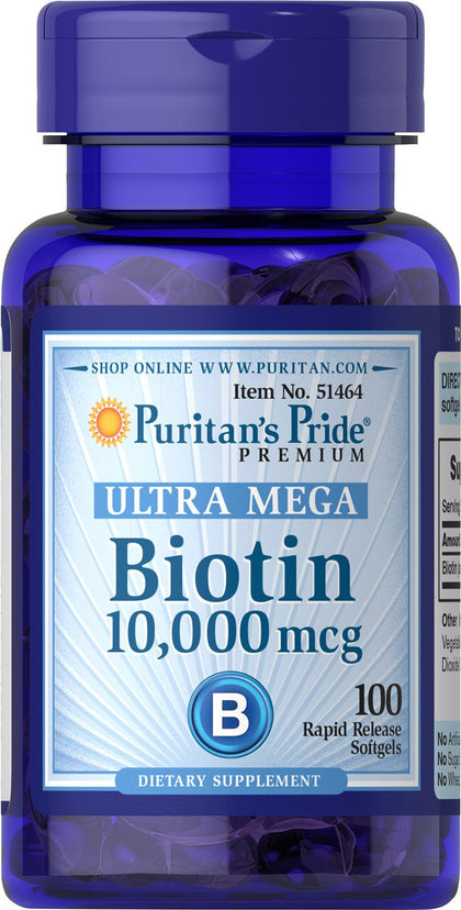 Puritan's Pride Biotin 10000 Mcg, Helps Promote Skin, Hair and Nail Health, Softgels 100 Count