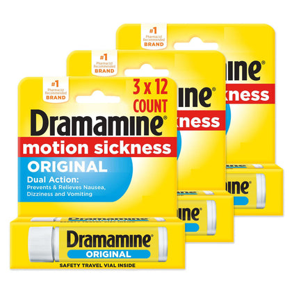 Dramamine Motion Sickness Original, Travel Vial, 12 Count, 3 Pack