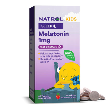 Natrol Kids Fast Dissolve Melatonin 1 mg, Dietary Supplement for Restful Sleep, Sleep Tablets for Kids, 40 Strawberry-Flavored Melatonin Tablets, 40 Day Supply