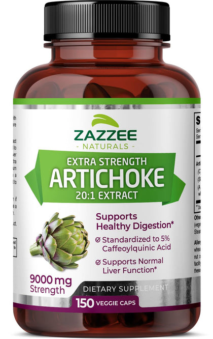 Zazzee Extra Strength Artichoke 20:1 Extract, 9000 mg Strength, 5% Caffeoylquinic Acid, 150 Vegan Capsules, 5 Month Supply, Concentrated and Standardized 20X Extract, Non-GMO and All-Natural