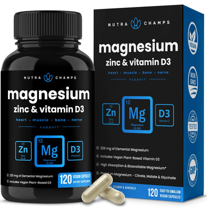 NutraChamps Magnesium Zinc & Vitamin D3 Supplement - Most Bioavailable Forms; Magnesium Glycinate, Malate, Citrate - Bone, Muscle & Heart Health, Immune Support - 120 Vegan Capsules