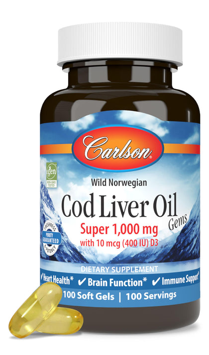 Carlson - Cod Liver Oil, Super 1000 mg + Vitamins A & D3, Wild Norwegian, Sustainably Sourced, 100 Softgels