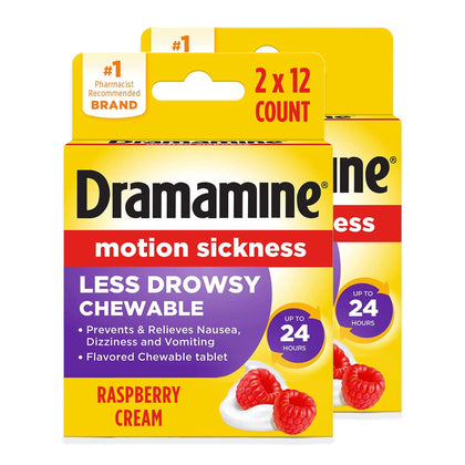 Dramamine Chewable Less Drowsy, Motion Sickness Relief, Raspberry Cream Flavor, 12 Count, 2 Pack