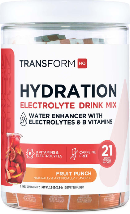 TransformHQ Hydration Drink Mix (21 Single-Serving Packets, Fruit Punch) - Hydration Supplement Blend with Vitamins and Electrolytes