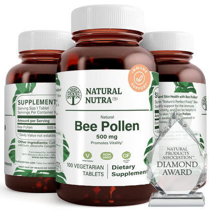 Nutra 100% Pure Bee Pollen Pills for Protein Energy, Skin Calmness, Immunity Support, Health and Nutritional Supplement, 100 Gluten Free Vegetarian Tablets