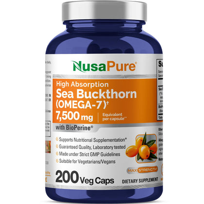 NusaPure Sea Buckthorn Omega-7 7500mg per Veggie Powder Caps - 200 Count - Extract 30:1, Non-GMO & Vegan