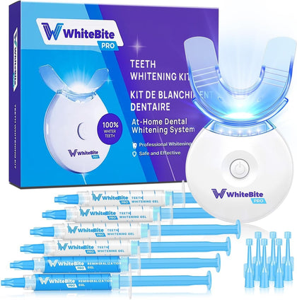 Whitebite Pro Teeth Whitening Kit for Sensitive Teeth with LED Light, 35% Carbamide Peroxide, (4) 3ml Gel Syringes, (2) Remineralization Gel and Mouth Tray