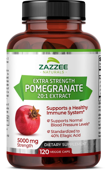 Zazzee Extra Strength Pomegranate 20:1 Extract, 5000 mg Strength, 40% Ellagic Acid, 120 Vegan Capsules, 4 Month Supply, Standardized, Concentrated 20X Extract, 100% Vegetarian, All-Natural and Non-GMO