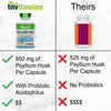 tnvitamins Psyllium Husk Capsules | 1700 MG - 250 Capsules | with Probiotic Acidophilus | Extra Strength Soluble & Dietary Fiber Supplement | Supports Digestive Health