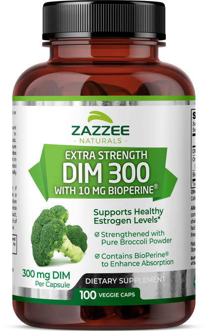 Zazzee Extra Strength DIM 300, 10 mg BioPerine and 300 mg DIM per Capsule, 100 Vegan Capsules, 3+ Month Supply, Plus Pure Organic Broccoli Extract, 100% Vegetarian, All-Natural and Non-GMO