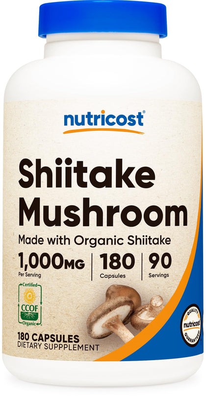 Nutricost Organic Shiitake Mushroom Capsules 1000mg, 90 Servings - CCOF Certified Made with Organic, Vegetarian, Gluten Free, 500mg Per Capsule, 180 Capsules