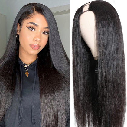 Sooolavely U Part Human Hair Wigs for Black Women Beginner Friendly Unprocessed Brazilian Virgin Glueless Human Hair Wig 180% Density Natural Color (20 inch, straight)