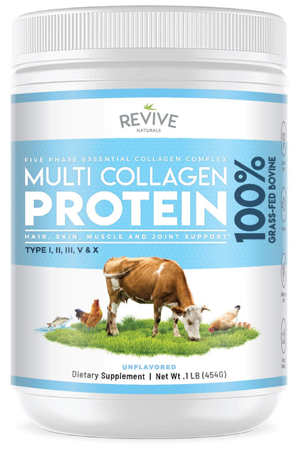 Multi Collagen Hydrolyzed Protein Powder (16oz) - Types I, II, III, V & X - Grass Fed Bovine, Wild Caught Marine, Free Roaming Chicken & Eggshell Collagen Peptides,