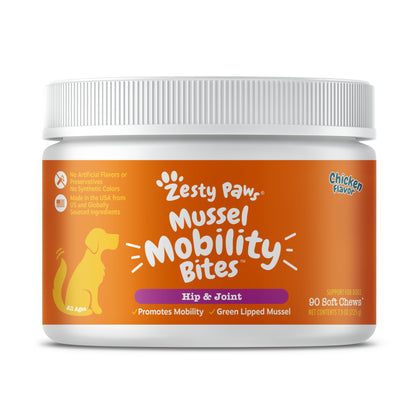 Zesty Paws Mussel Mobility Bites for Dogs - New Zealand Green Lipped Mussel with Natural Glucosamine & Chondroitin + Omega-3 Fatty Acids - Hip & Joint Support Supplement Soft Chews - 90 Count