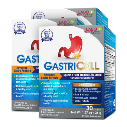 LABO Nutrition GASTRICELL - Target H. Pylori, Acid Reflux, Heartburn, Gastric Acid - Addresses Recurring Gastric Problems, Natural Defence Against Gastric Distress 30 sachetsx3