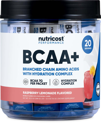 Nutricost BCAA+ Hydration Raspberry Lemonade (20 Stickpacks) - Branched Chain Amino Acids with Hydration Complex - Gluten-Free, Non-GMO