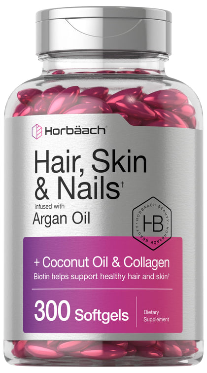 Horbäach Hair Skin and Nails Vitamins | 300 Softgels | with Biotin and Collagen | Infused with Argan Oil and Coconut Oil | Non-GMO, Gluten Free Supplement