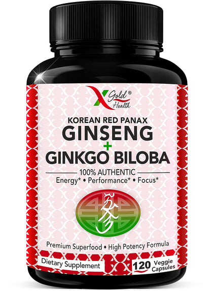 Korean Red Panax Ginseng 1200mg + Ginkgo Biloba -120 Vegan Capsules - High Ginsenosides Extra Strength Root Extract Powder Supplement for Energy, Performance & Focus Pills for Men & Women