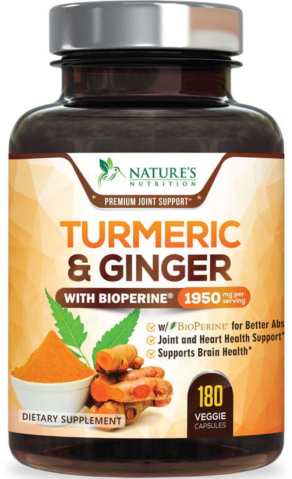 Turmeric Curcumin with BioPerine & Ginger 95% Curcuminoids 1950mg - Black Pepper Extract for Max Absorption, Nature's Joint Support Supplement, Herbal Turmeric Pills, Vegan Non-GMO - 180 Capsules