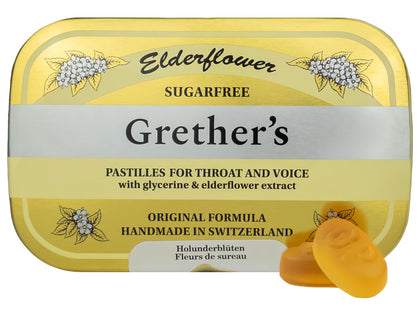 GRETHER'S Sugarfree Elderflower Pastilles Remedy for Dry Mouth Relief - Soothing Throat & Healthy Voice - Gift for Singers - 1-Pack - 2.1 oz.