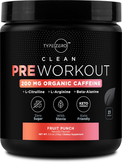 Type Zero Clean Pre Workout (11.3 oz, Fruit Punch) + Beet Root + L-Arginine + L-Citrulline, 2G Arginine, L-Citrulline Malate, Beta A, Sugar Free, Organic Caffeine Preworkout for Men & Women