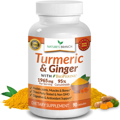 Extra Strength Turmeric Curcumin and Ginger & BioPerine - 1965mg Joint Support Supplement for Aches with Black Pepper Powder Extract - Premium Made in USA | Vegan Natural Non GMO Pills | 90 Capsules