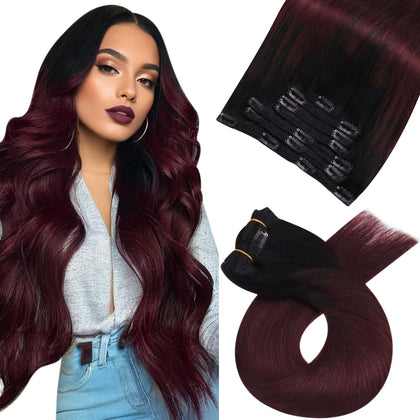 Moresoo Balayage Clip in Hair Extensions Black to Wine Red Hair Extensions Clip ins Real Human Hair Ombre Black to Burgundy Clip in Human Hair Extensions Full Head 16inch 7pcs/120g