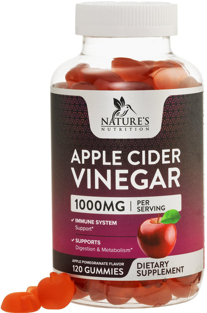 Nature's Nutrition Apple Vinegar Gummy for Weight Loss 1000mg - Vegan Apple Cider Vinegar Gummies for Detox & Cleanse, ACV Supplement Pills, Vitamin B12, Beetroot & Pomegranate, Non-GMO - 120 Gummies