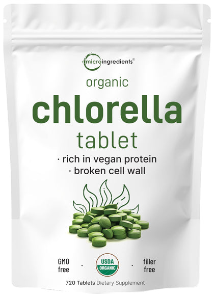 Organic Chlorella Tablets, 500mg Per Tablet, 720 Tabs (360 Grams), 4 Months Supply, Broken Cell Wall, Rich in Vegan Protein & Vitamins, No Filler, No Additives & Non-GMO | Pure Green Algae Superfood