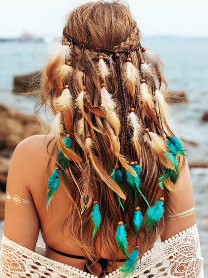 GORTIN Boho Feather Headband Hippie Headpiece Black Gypsy Costume Headdress Bohemian Headbands Indian Festival Feather Headwear Hair Accessory for Women and Girls (A-Blue+Brown)