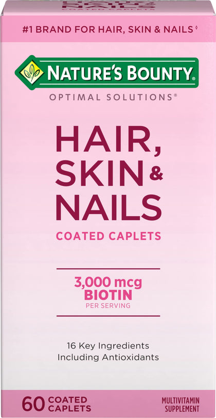 Nature's Bounty Optimal Solutions Hair, Skin & Nails Formula, with 3,000 mcg Biotin, 60 Coated Caplets