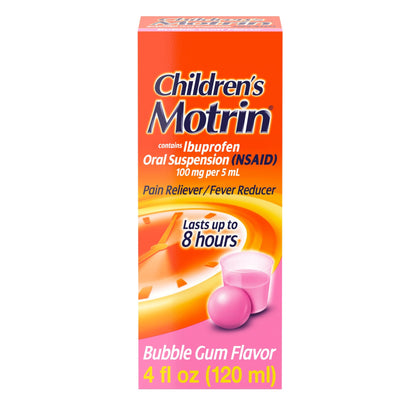 Motrin Children's Oral Suspension Medicine, 100 mg Ibuprofen, Kids Fever Reducer & Pain Reliever for Minor Aches & Pains Due to Cold & Flu, Alcohol-Free, Bubble Gum Flavored, 4 fl. oz