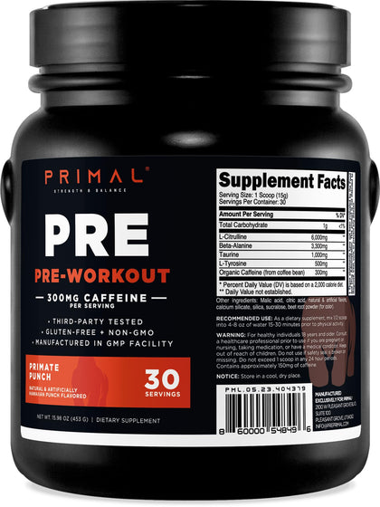 Primal Pre-Workout Primate Punch (30 Servings) (Tropical Flavored) - Gluten Free & Non-GMO