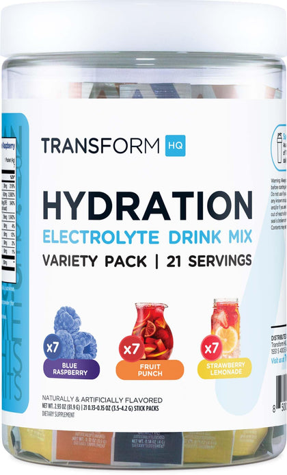 TransformHQ Hydration Drink Mix (21 Single-Serving Packets, Variety Pack) - Hydration Supplement Blend with Vitamins and Electrolytes