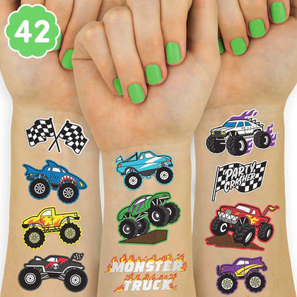 xo, Fetti Monster Truck Party Supplies Temporary Tattoos - 42 Metallic Styles | Trucks, Big Cars, Finish Lines + Flames