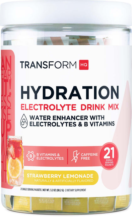 TransformHQ Hydration Drink Mix (21 Single-Serving Packets, Strawberry Lemonade) - Hydration Supplement Blend with Vitamins and Electrolytes